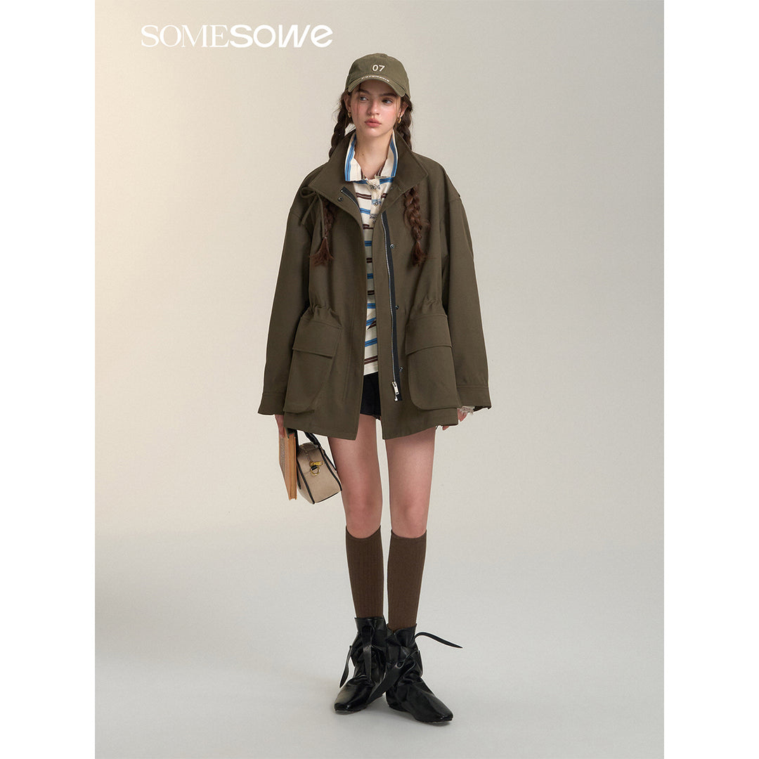 SomeSowe Bow Drawstring Waisted Cargo Jacket Olive Green