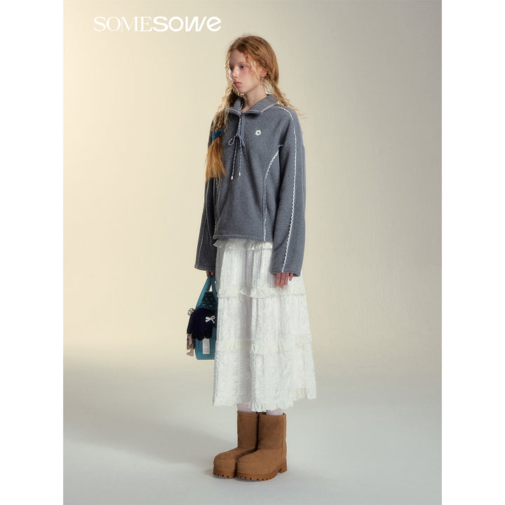 SomeSowe Lace Patchwork Fleece Sweatshirt Gray