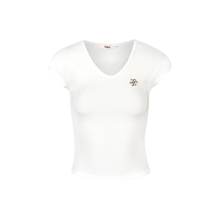 Liilou V-Neck Metal Logo Slim Top White