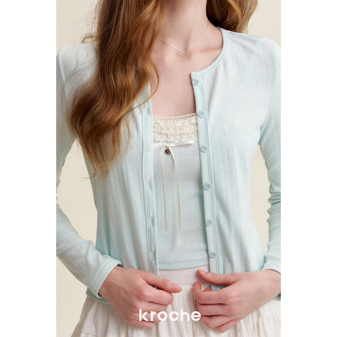 Kroche French Lace Edge Sling Vest Cardigan Set Mint Green