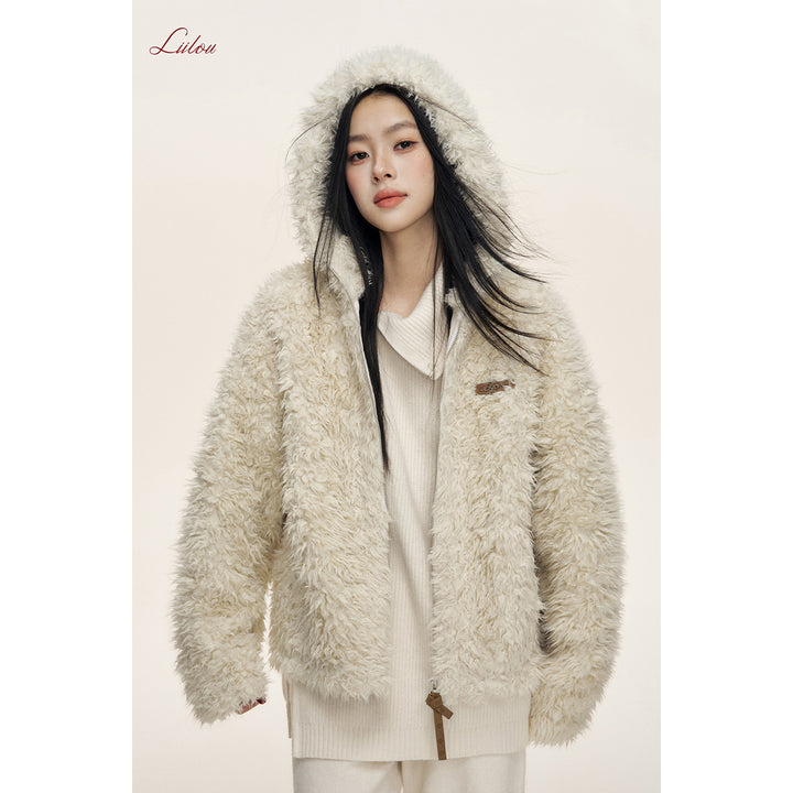 Liilou Fur Integrated Curly-Fur Hooded Woolen Fleece Jacket