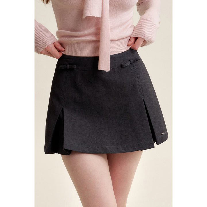 Kroche Blended Woolen Bow Pleated A-Line Suit Skirt Gray