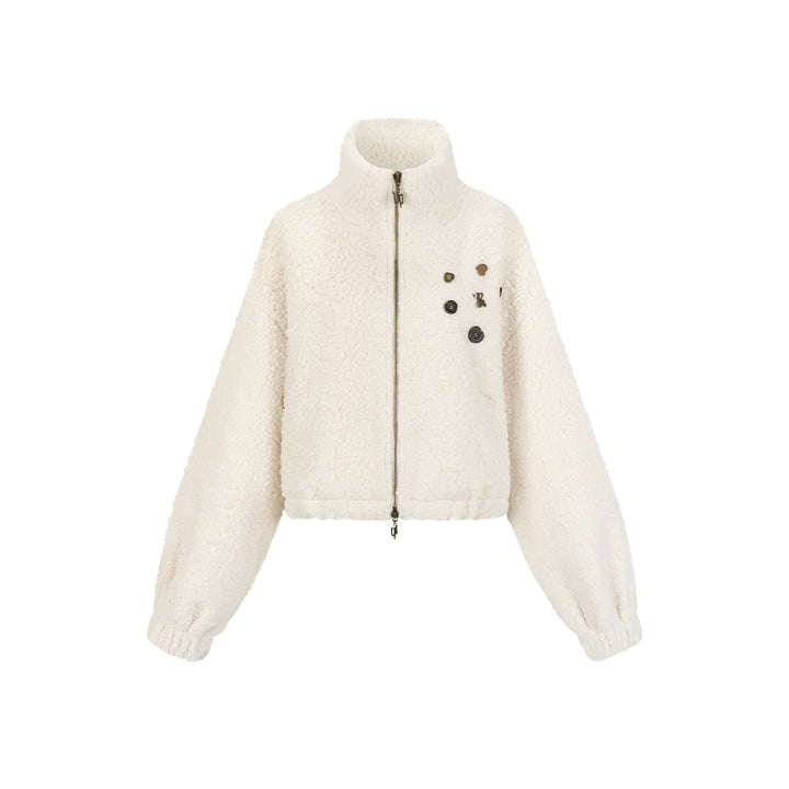 Via Pitti Drawstring Button Fleece Short Jacket Beige