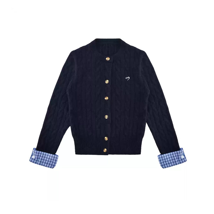 AsGony Blended Woolen Plaid Patchwork Knit Cardigan Navy Blue