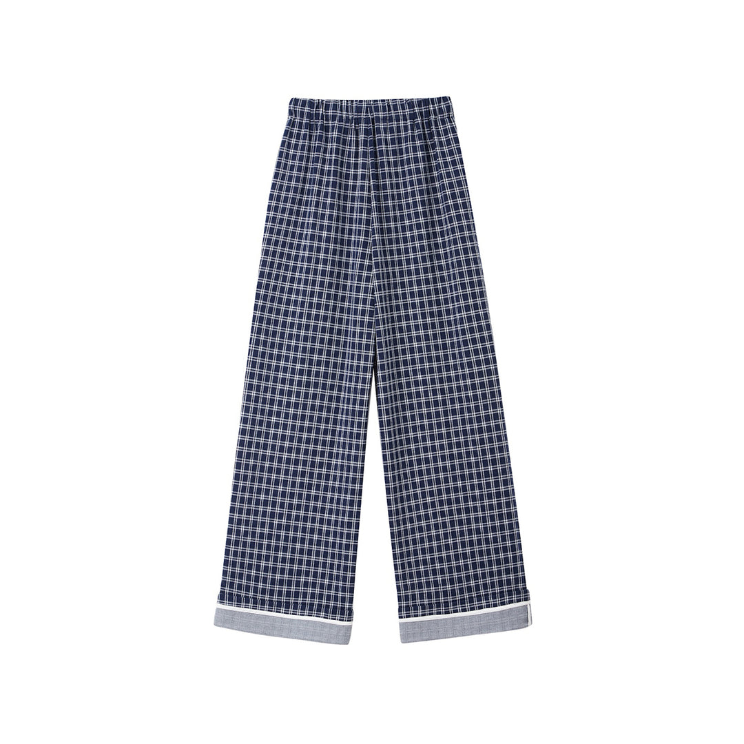 SomeSowe Plaid Drawstring Wide-Leg Pants Blue