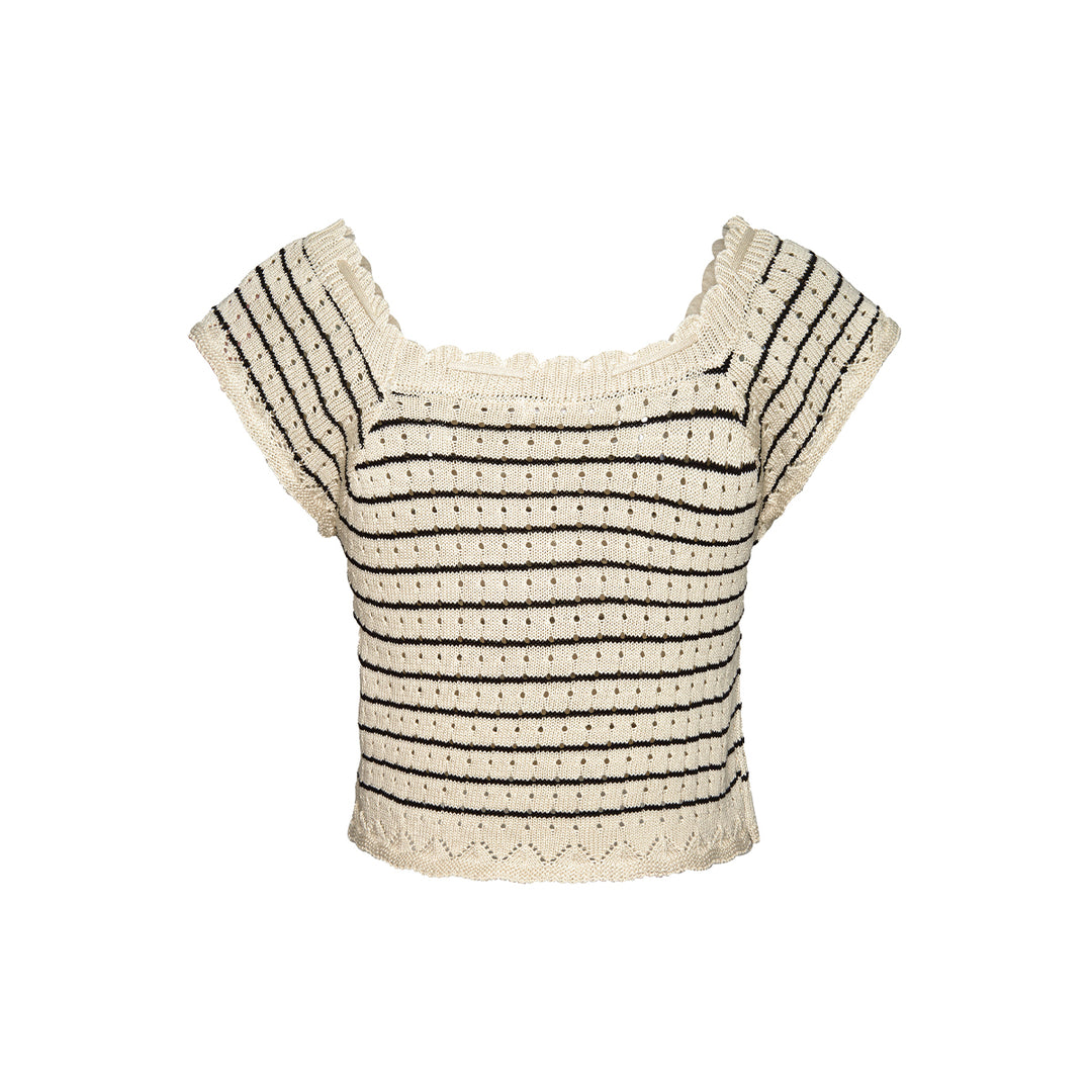 Kroche Hollow Out Lace Up Striped Knitted Top