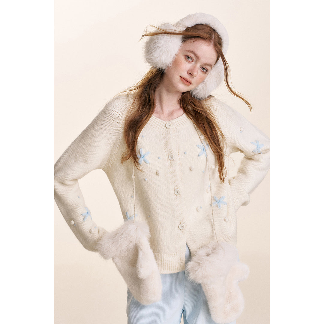 Kroche ﻿3D Hand Crochet Snow Round-Neck Knit Cardigan White