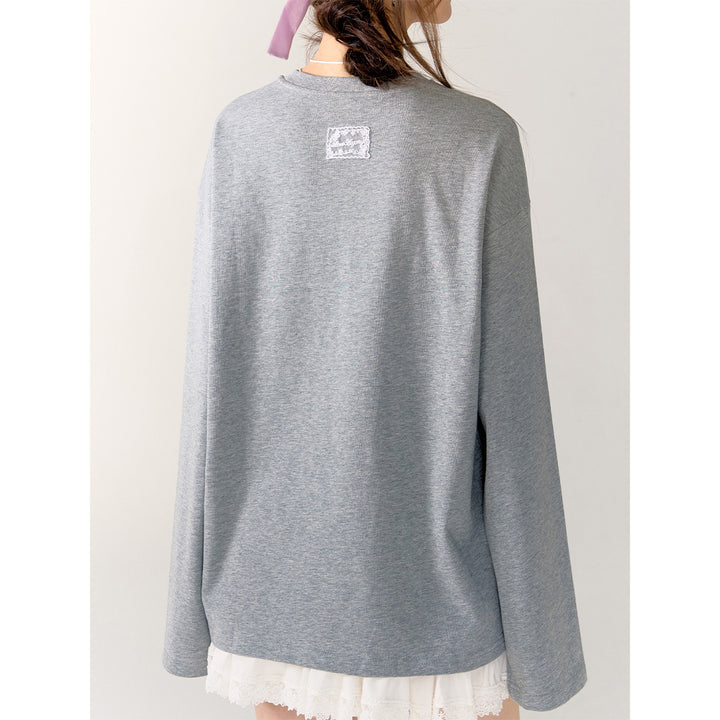 AsGony Retro Lace Patchwork L/S T-Shirt Gray