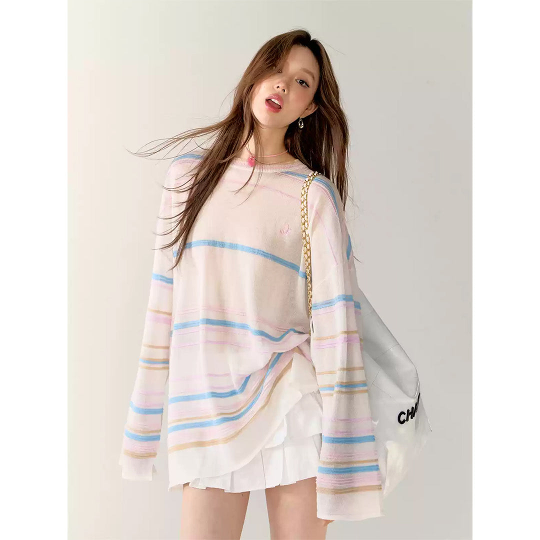 AsGony 3D Colorful Striped Casual L/S T-Shirt