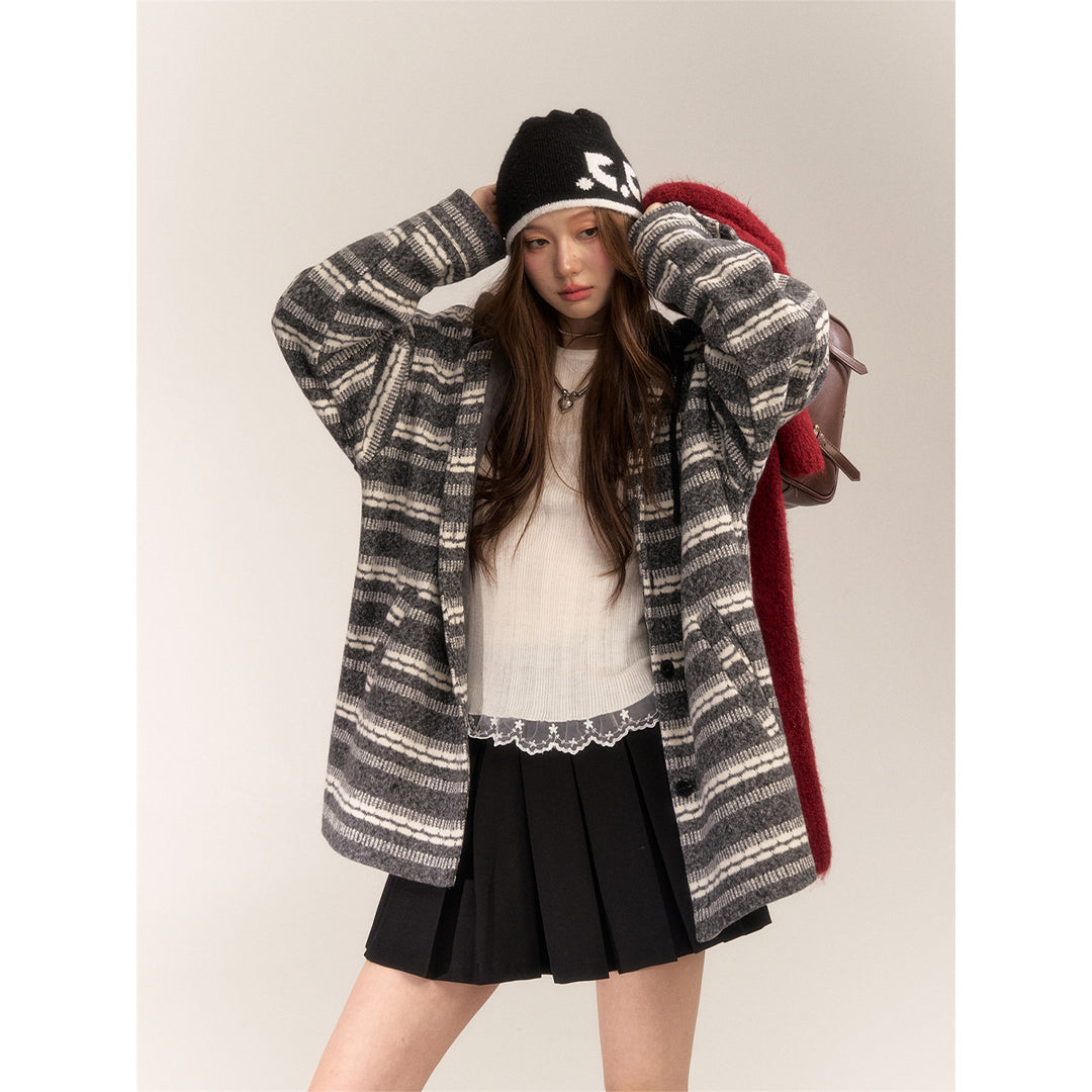 AsGony Striped Hooded Thicken Mid-Length Coat