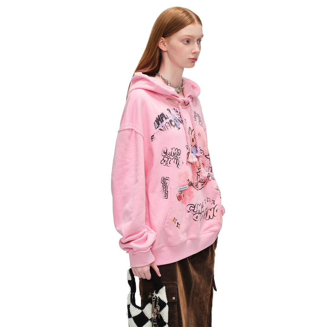 Alexia Sandra Printed Graffiti Rabbit Distressed Hoodie Pink