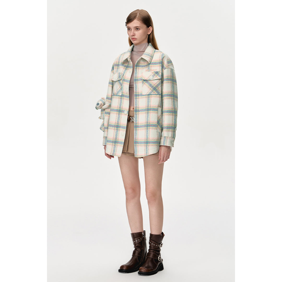 13De Marzo Plaid Bear Shirt Coat Beige