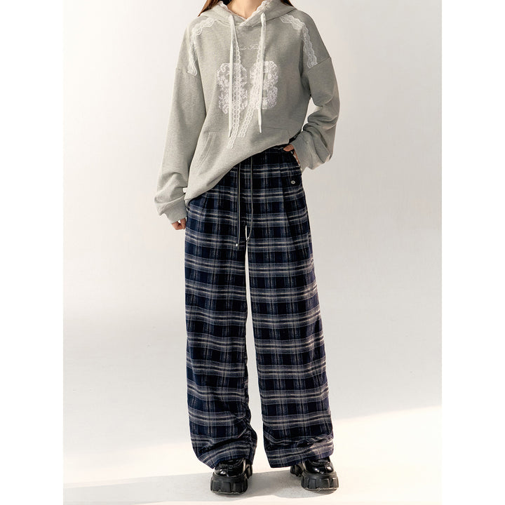 AsGony Retro Plaid High Waist Wide-Leg Pants Navy Blue