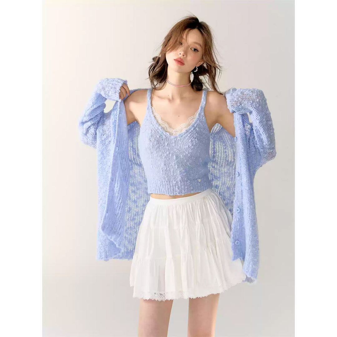 AsGony Lace Patchwork Knit Slip Vest Blue