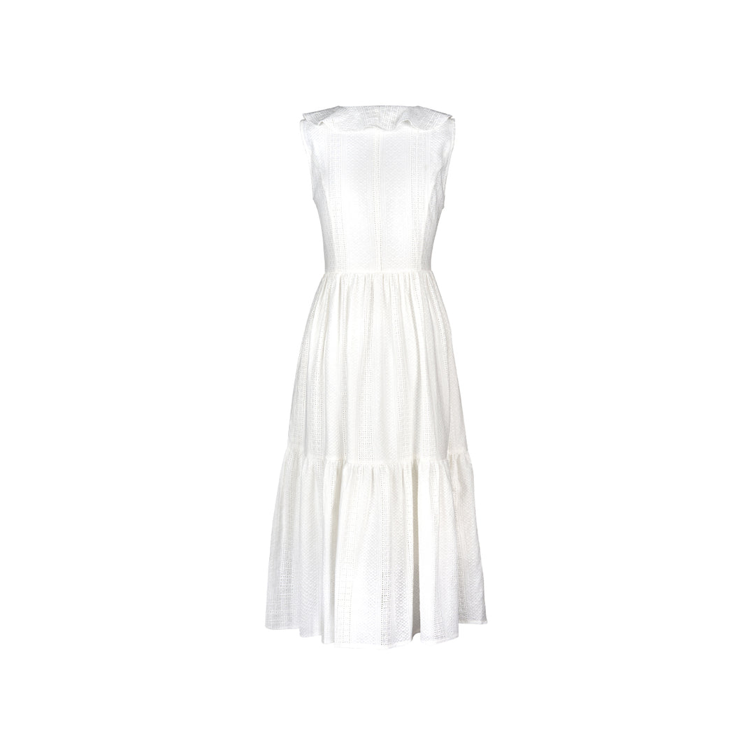 Kroche Ruffled Rose Pin Hollow Out Lace Dress White