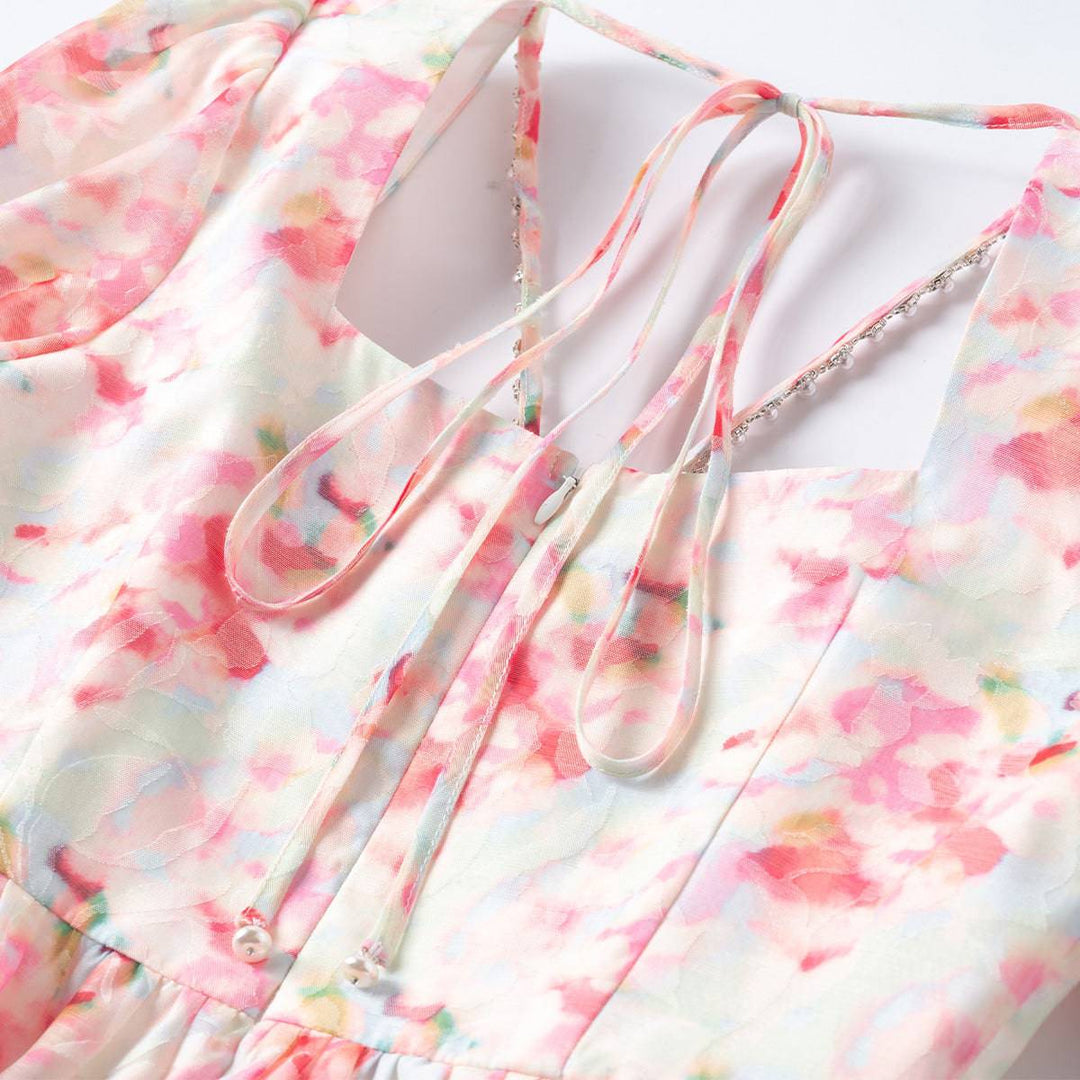 Three Quarters Rhinestone Pearl Chain Floral Print Dress Pink - Mores Studio