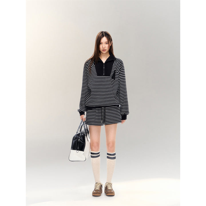 AsGony Striped Zipper Lapel Casual Sweater Black