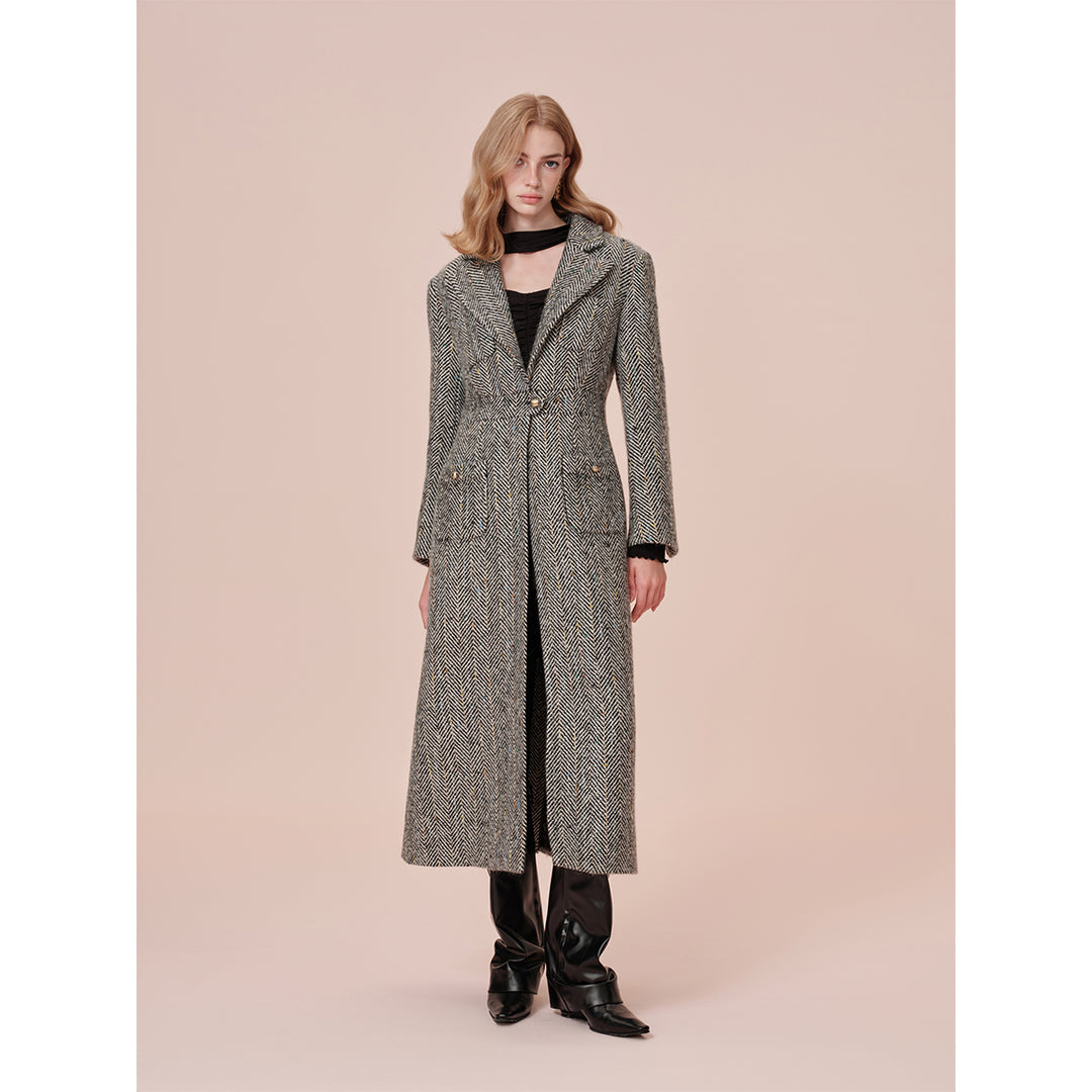 Rocha Roma Colored Dots Plaid Lapel Tweed Long Coat