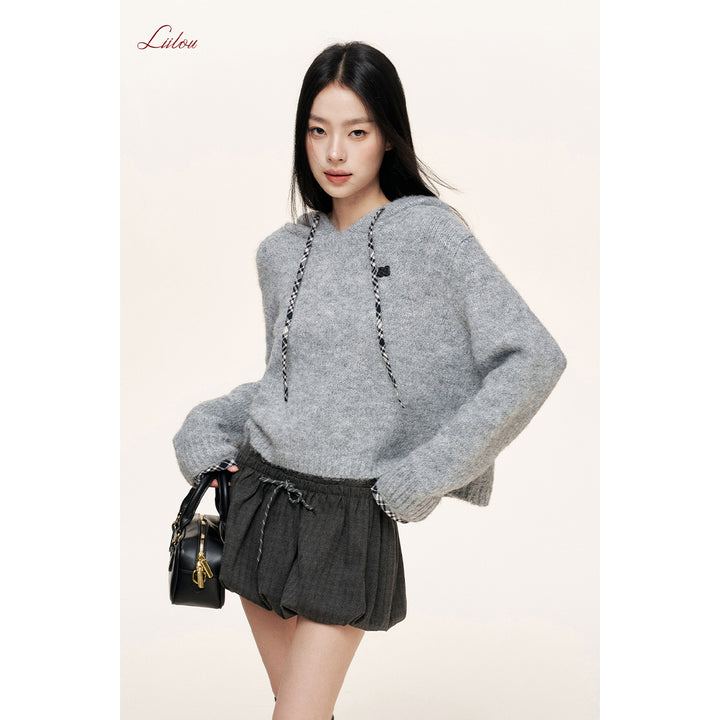 Liilou Plaid Drawstring Hooded Casual Knit Sweater