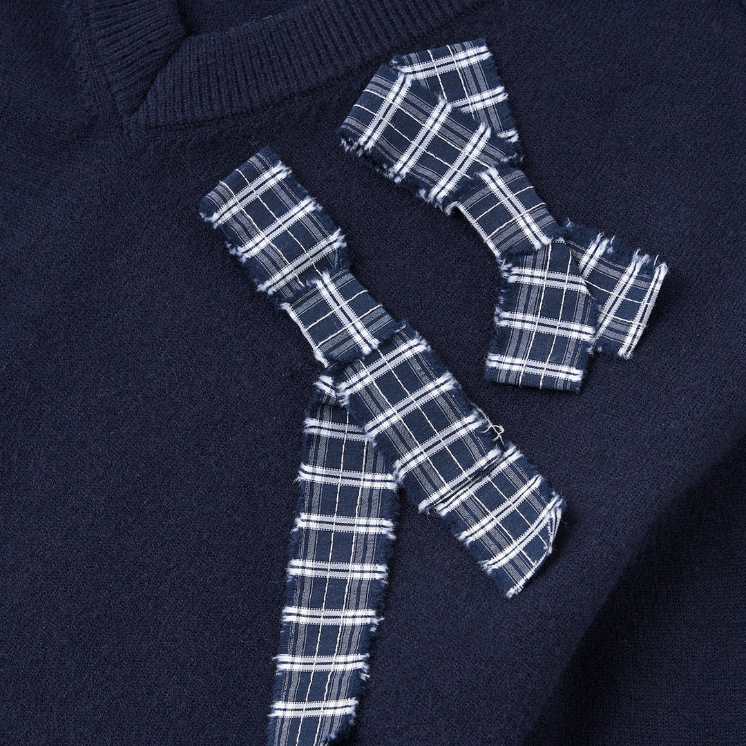 SomeSowe Plaid Bow V-Neck Knit Sweater Navy Blue