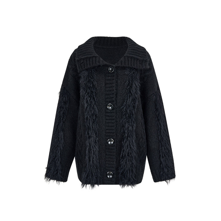 Via Pitti Lapel Fur Integrated Knit Cardigan Black - Mores Studio