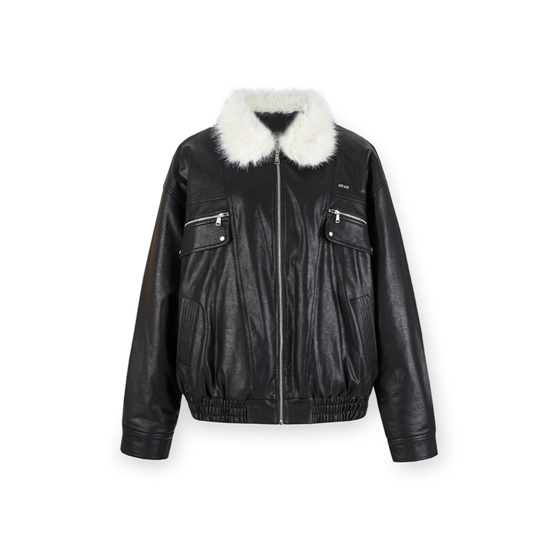 NotAwear Vintage Fur Collar Leather Jacket Black - Mores Studio