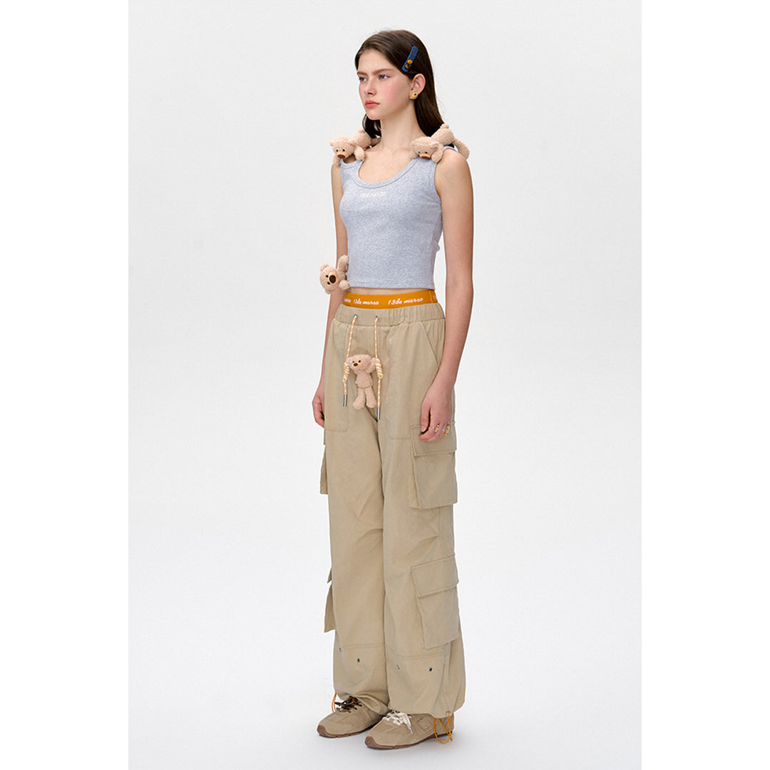 13De Marzo Bear Laced Double Elastic-Waist Cargo Pants Khaki