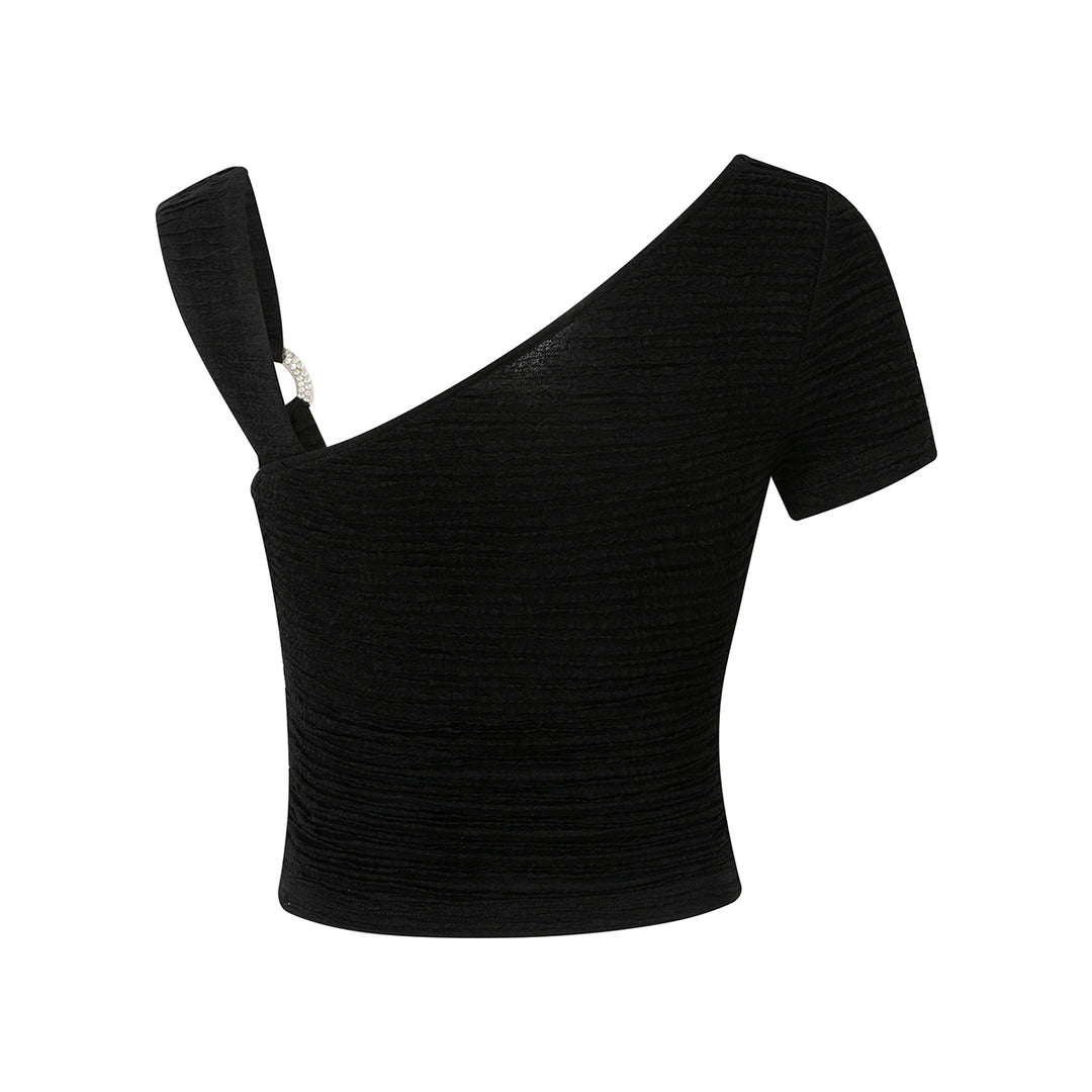 Eimismosol One-Shoulder Sleeve Textured Acetate Top Black