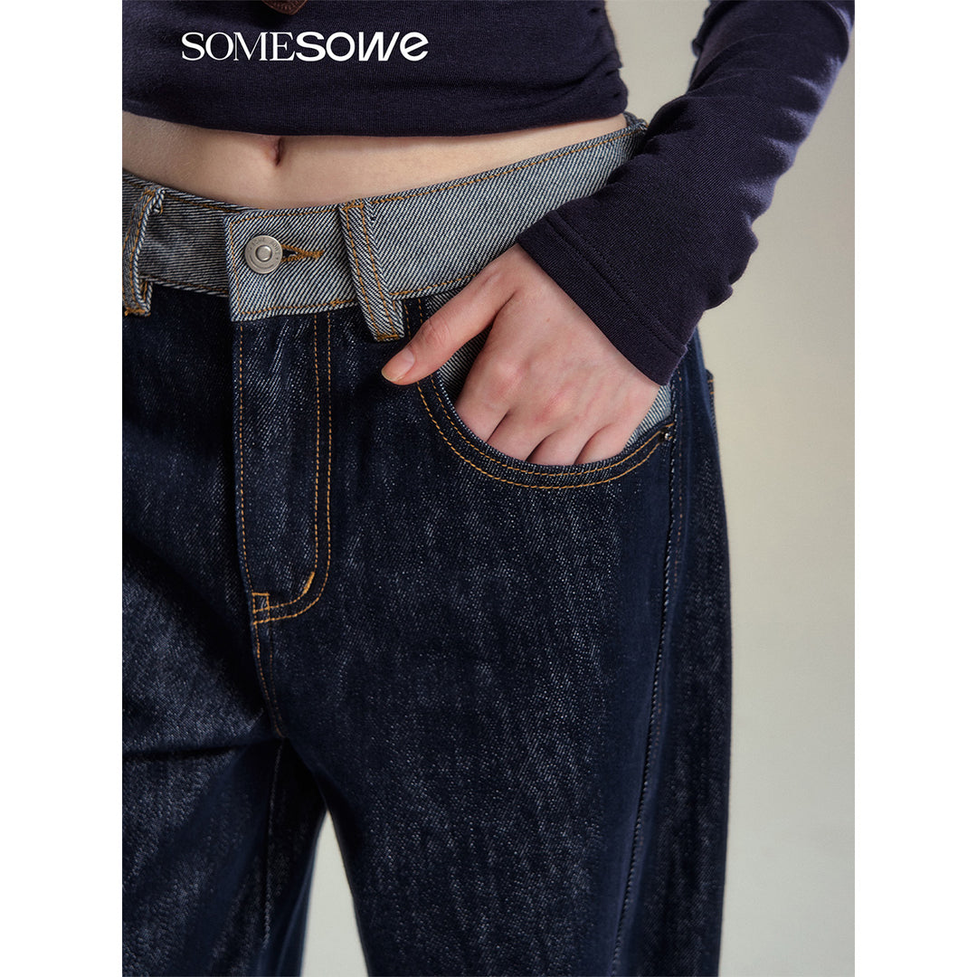 SomeSowe Color Blocked Casual Denim Pants Dark Blue