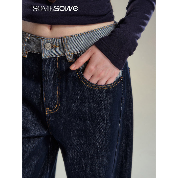 SomeSowe Color Blocked Casual Denim Pants Dark Blue