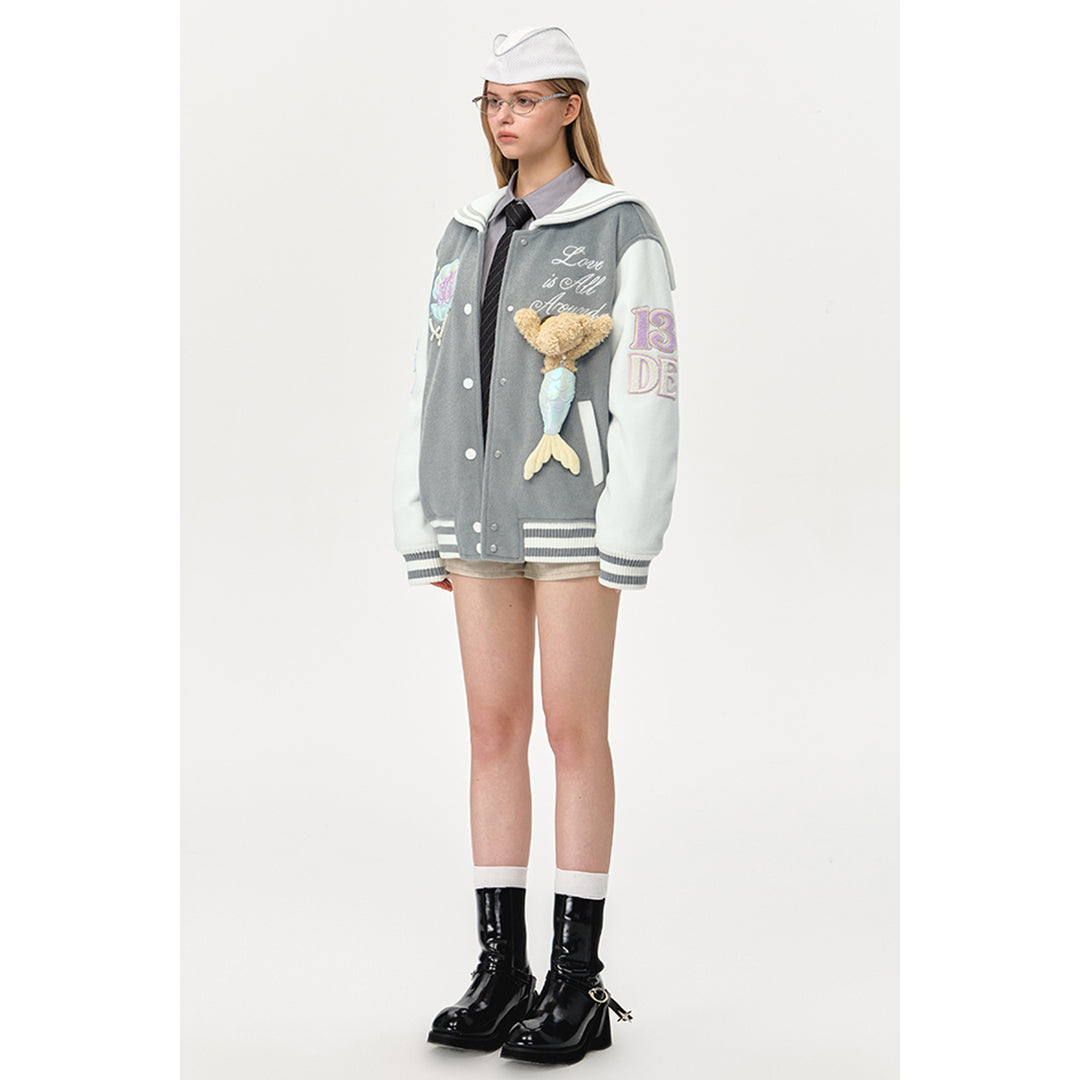 13De Marzo Sailor Collar Doozoo Mermaid Baseball Jacket Gray