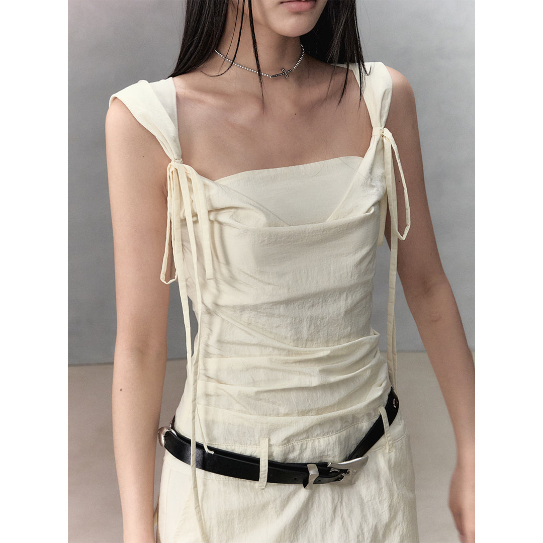 Via Pitti Pocket Pleated Tie Hooded Dress Beige