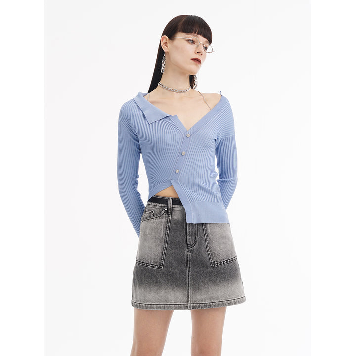 Cottia Asymmetry Knitted Long-Sleeved Top Blue