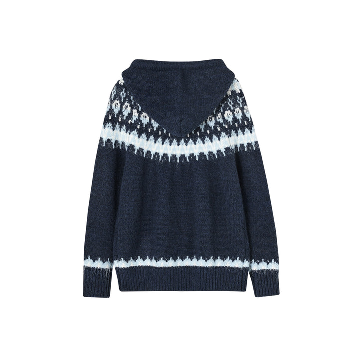 SomeSowe Fair Isle Hooded Knit Cardigan Navy Blue