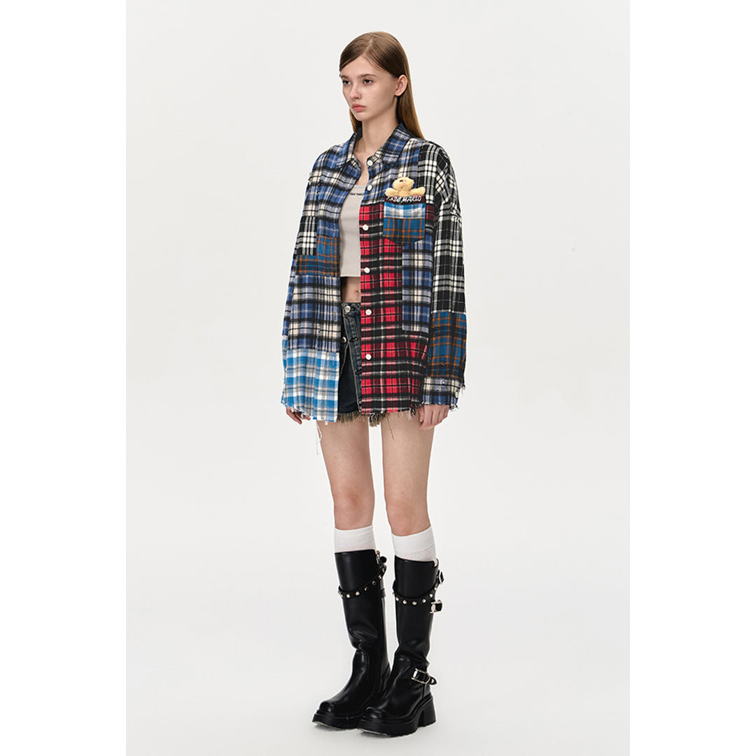 13De Marzo Bear Broken Plaid Patchwork Shirt