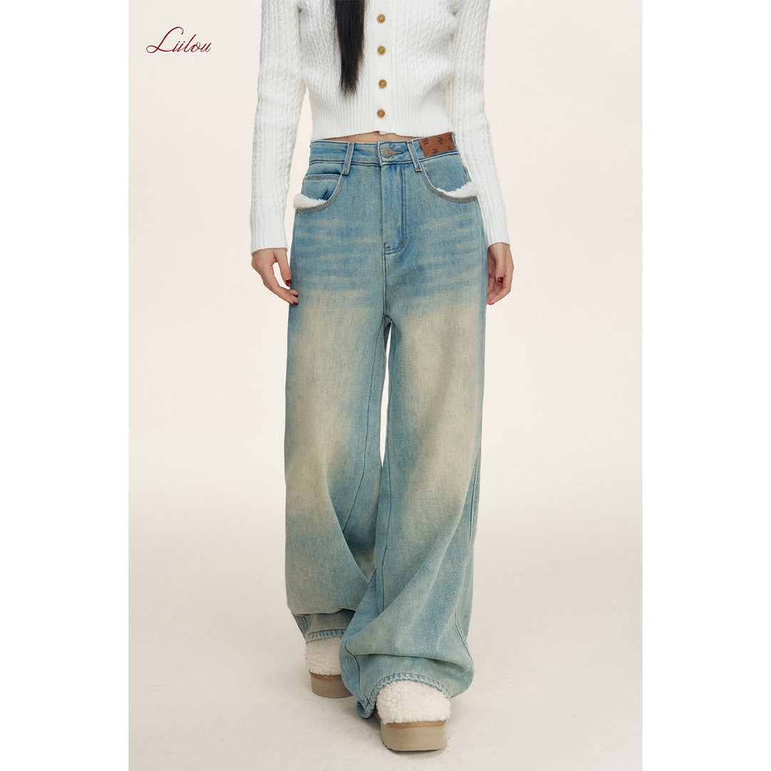 Liilou Woolen Patchwork Wide-Leg Fleece-Lined Jeans