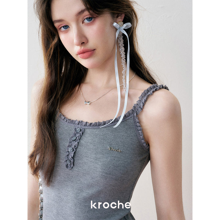 Kroche Lace Knit Sling Short Dress Gray