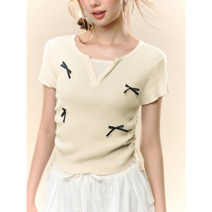 AsGony Fake-2-Piece Bow Tie Drawstring Knit Top Beige