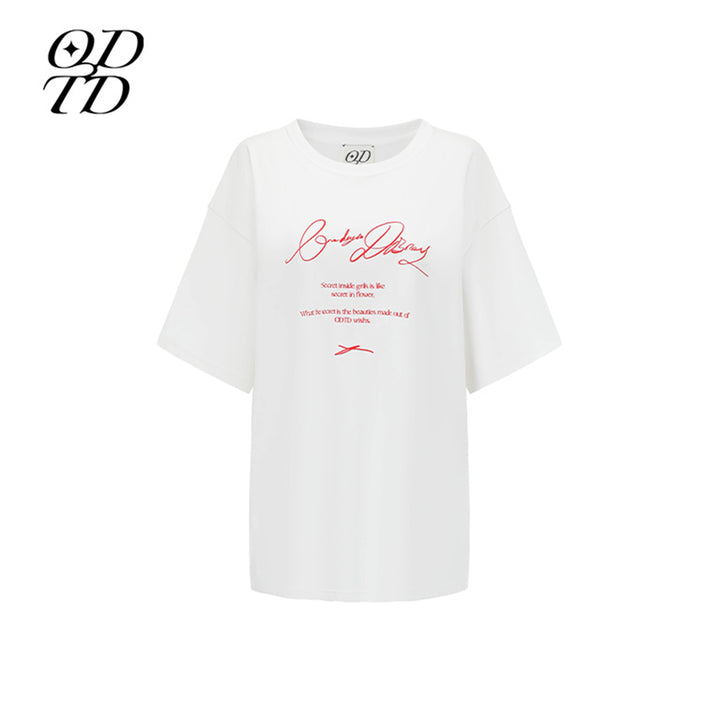ODTD Embroidery Handwritten Slogan Logo Loose T-Shirt White
