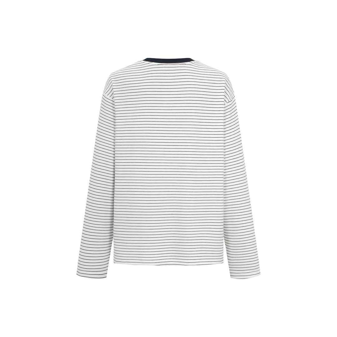 Three Quarters Hotfix Logo Striped Mousse Cashmere L/S Tee White