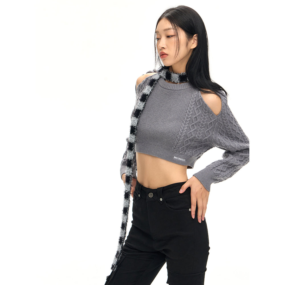 NotAwear Hollow Out Cutting Crop Knit Sweater Grey - Mores Studio