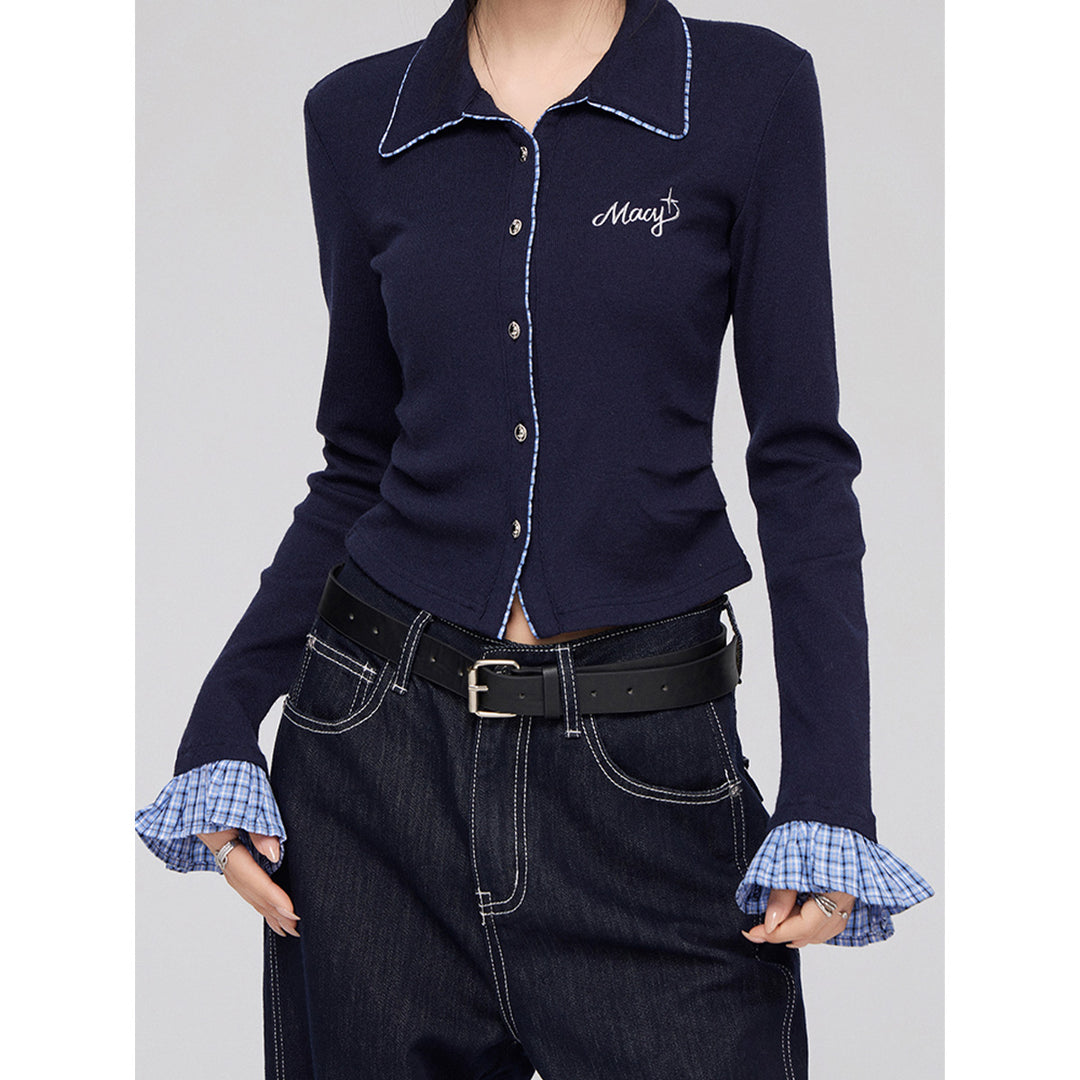 MacyMccoy Plaid Patchwork Polo Collar Knit Top Navy Blue