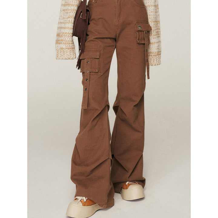 Liilou Multi-Pocket Wrinkle Flared Cargo Pants Brown - Mores Studio