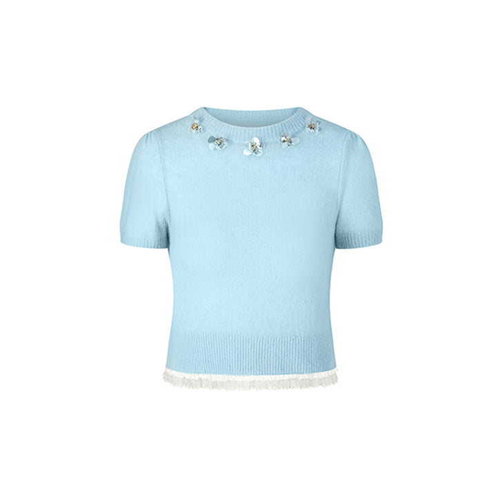 Herlian 3D Flower Trim Short Sleeve Knit Top Blue