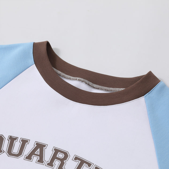Three Quarters Color Blocked Logo Embroidery Long Sleeve Tee Blue - Mores Studio