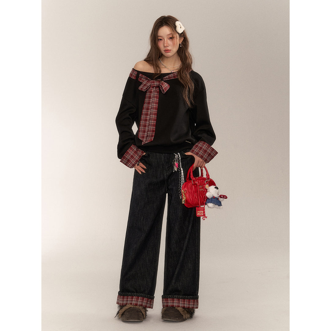 AsGony Retro Brushed Plaid Turn Over Edge Wide-Leg Jeans