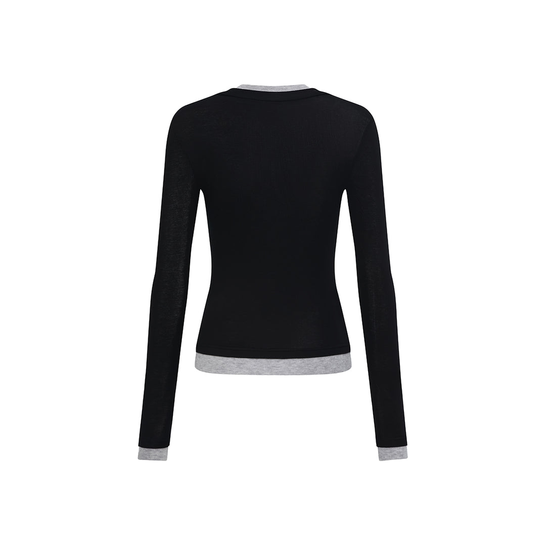 Three Quarters Fake-2-Piece Wool Knit Base Top Black