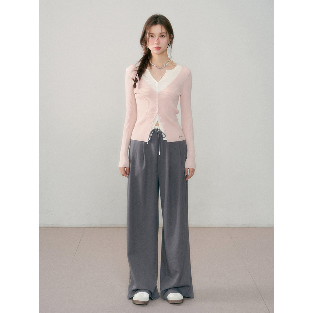AsGony Panelled Elastic-Waisted Draped Suit Pants Gray