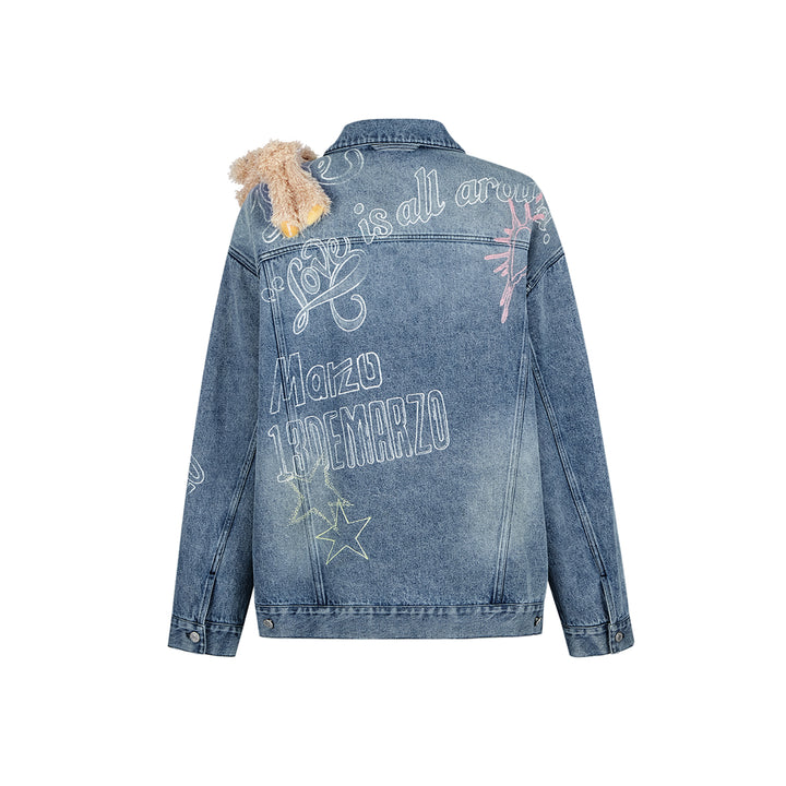 13De Marzo Full Graffiti Retro Washed Denim Jacket Blue