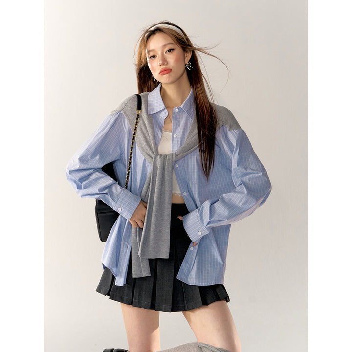 AsGony Fake-2-Piece Shawl Plaid Casual Shirt Blue